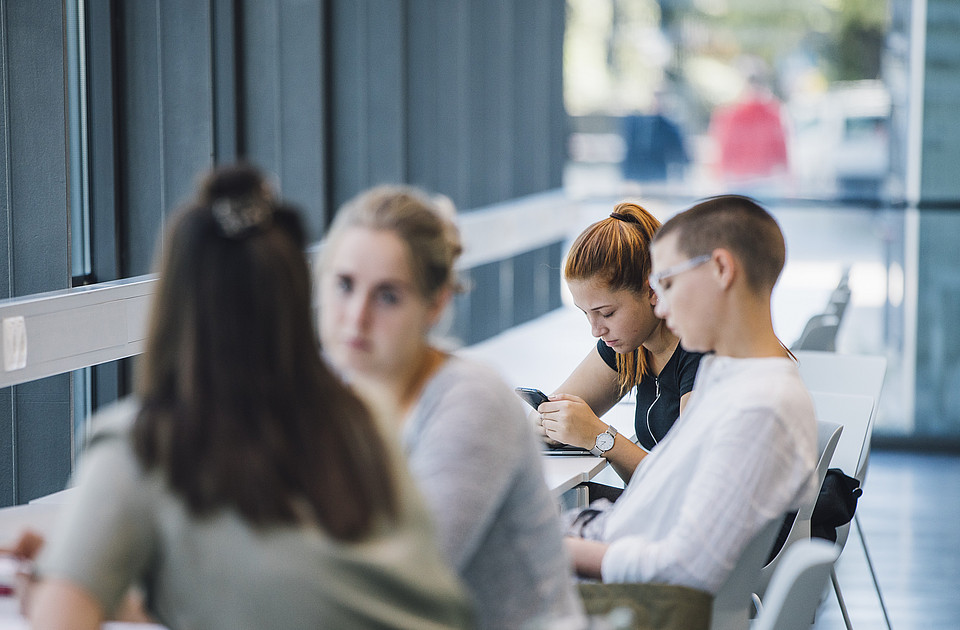 Mehrere Studierende sitzen in einer Lernzone an einen langen Tisch an einer Fensterfront und unterhalten sich, lesen oder verwenden ihr Handy