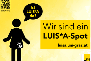 Ein Piktogramm in schwarz, welches einen Menschen zeigt, fragt "Ist LUIS*A da?". Das Schild dient der Anzeige, dass es sich um eine LUIS*A-Anlaufstelle handelt