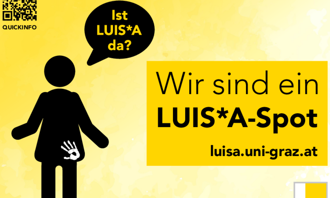 Ein Piktogramm in schwarz, welches einen Menschen zeigt, fragt "Ist LUIS*A da?". Das Schild dient der Anzeige, dass es sich um eine LUIS*A-Anlaufstelle handelt