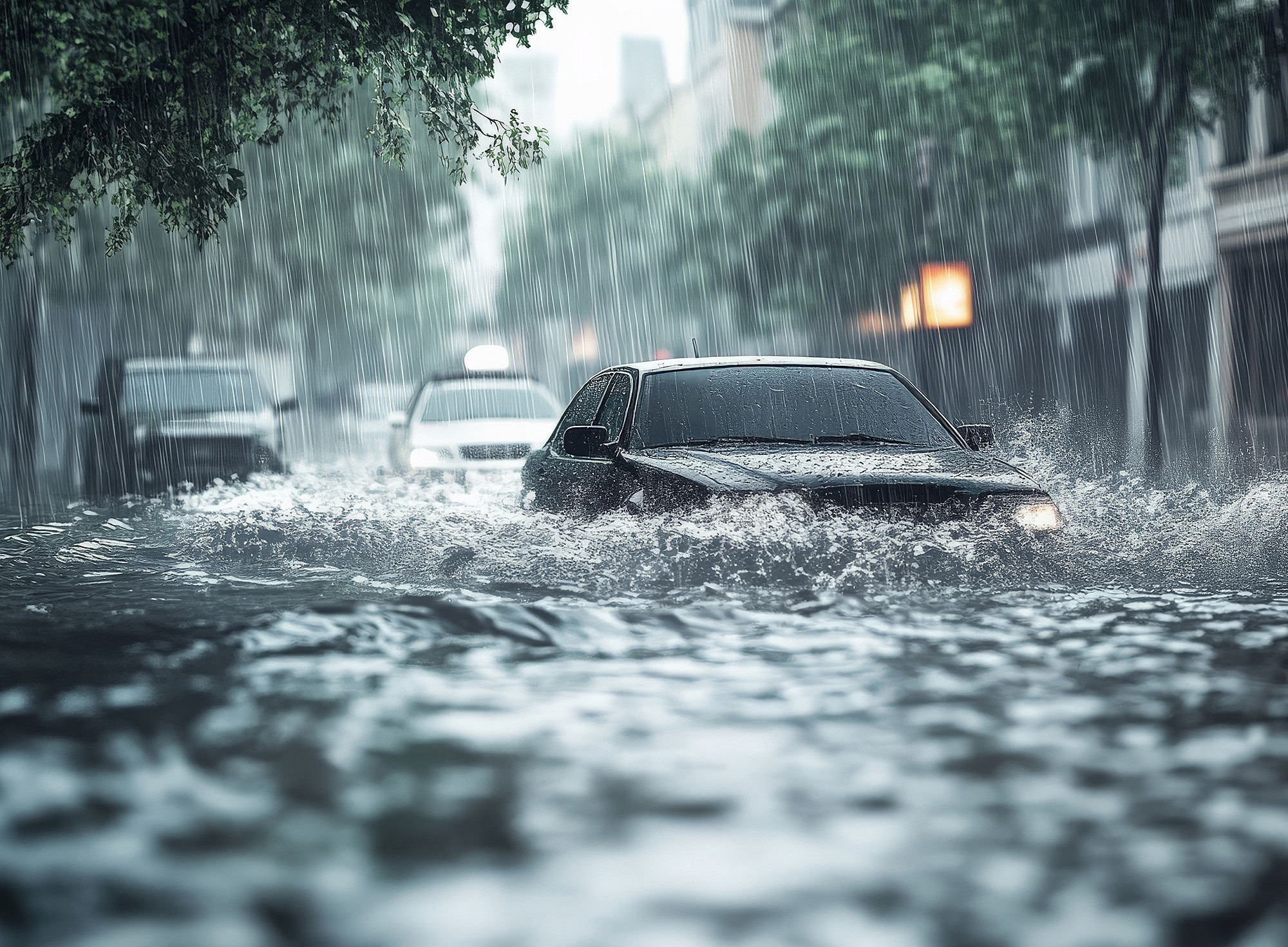 drei Autos im Regen auf überfluteter Straße in einer Stadt ©arhendrix - stock.adobe.com