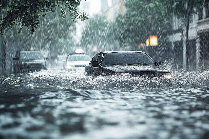 Three cars on a flooded road in a town in heavy rain