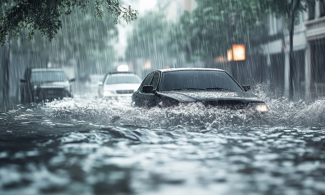 drei Autos im Regen auf überfluteter Straße in einer Stadt