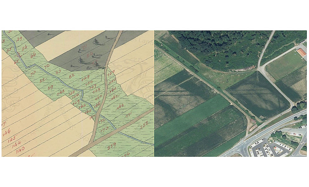 Werndorf bei Wildon einst und heute: Das linke Katasterbild aus den 1820er-Jahren zeigt die Landnutzung und die Verkehrsinfrastruktur im frühen 19. Jahrhundert. Das rechte Luftbild gibt die Gegenwart wieder. Dabei wird sichtbar, dass sehr viele Strukturen des Katasterbild aus der Vogelperspektive immer noch erkennbar sind. Das Luftbild gewährt einen noch tieferen Blick in die Vergangenheit: Zum einen erkennt man das Profil einer Römerstraße (zwei parallele Spurrinnen), die im Kataster nicht mehr verzeichnet ist. Die größeren helleren Strukturen im Bereich der Felder lassen mehr als 12.000 Jahre zurück in das Zeitalter Pleistozän blicken, als hier noch ein Teil des Flussbetts der Mur war. 