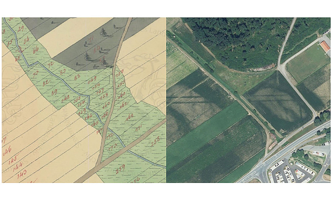 Werndorf bei Wildon einst und heute: Das linke Katasterbild aus den 1820er-Jahren zeigt die Landnutzung und die Verkehrsinfrastruktur im frühen 19. Jahrhundert. Das rechte Luftbild gibt die Gegenwart wieder. Dabei wird sichtbar, dass sehr viele Strukturen des Katasterbild aus der Vogelperspektive immer noch erkennbar sind. Das Luftbild gewährt einen noch tieferen Blick in die Vergangenheit: Zum einen erkennt man das Profil einer Römerstraße (zwei parallele Spurrinnen), die im Kataster nicht mehr verzeichnet ist. Die größeren helleren Strukturen im Bereich der Felder lassen mehr als 12.000 Jahre zurück in das Zeitalter Pleistozän blicken, als hier noch ein Teil des Flussbetts der Mur war. 