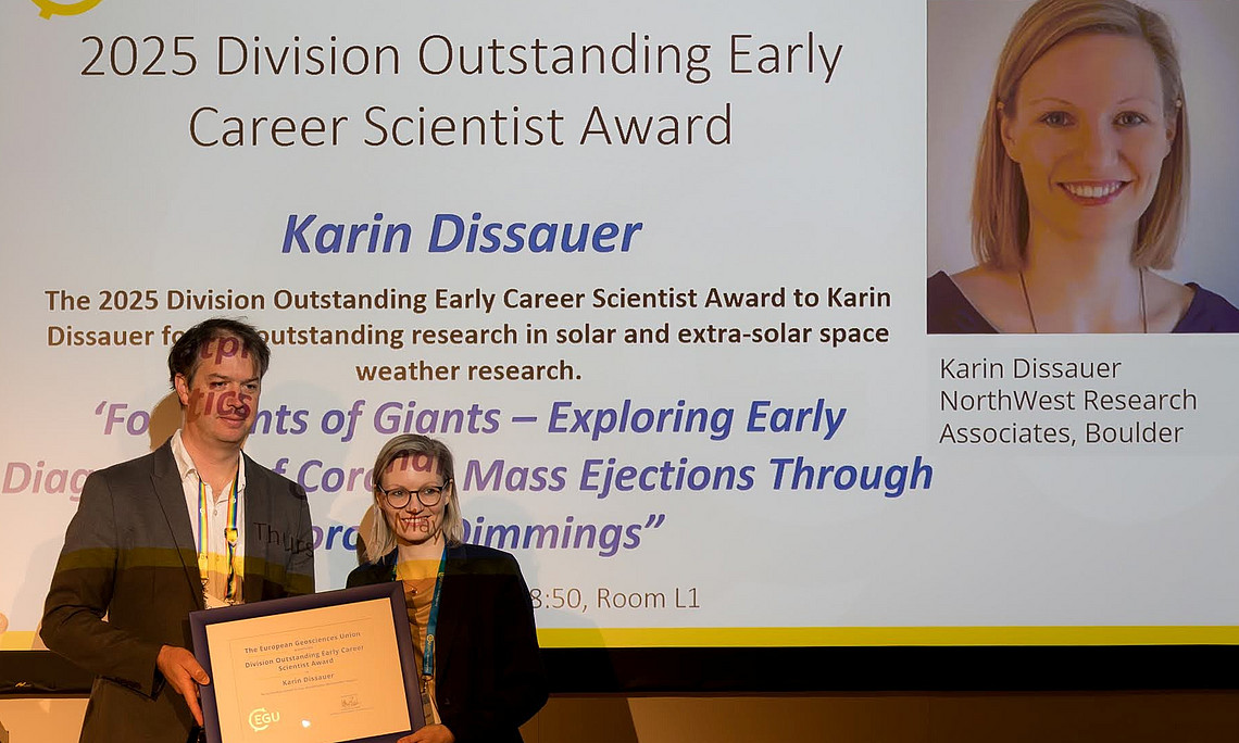 Award ceremony at the EGU General Assembly in Vienna, where Karin Dissauer receives the 2025 Early Career Award of the EGU Solar-Terrestrial Sciences Division. 