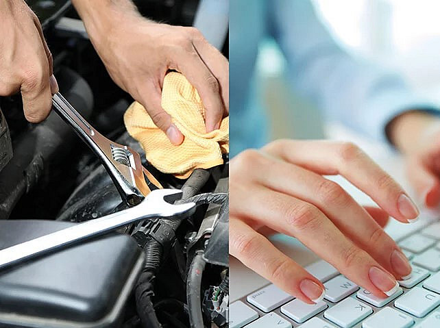 Fotoausschnitte von arbeitenden Händen im Handwerk - eine Hand knetet Brot, eine Hand tippt an der Tastatur, eine Hand bohrt mit dem Bohrer ©NEBA-Betriebsservice