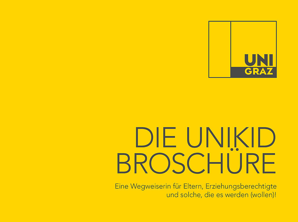 Cover der gelben unikid Broschüre symbolisiert den Broschürenservice ©Uni Graz