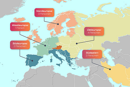Eine Karte visualisiert die Herkunftsregionen der gehörlosen Migrant:innen. 2 Personen kommen aus Südeuropa, 1 aus Westeuropa, 3 aus Nordeuropa, 4 aus Osteuropa und 2 aus Südasien.