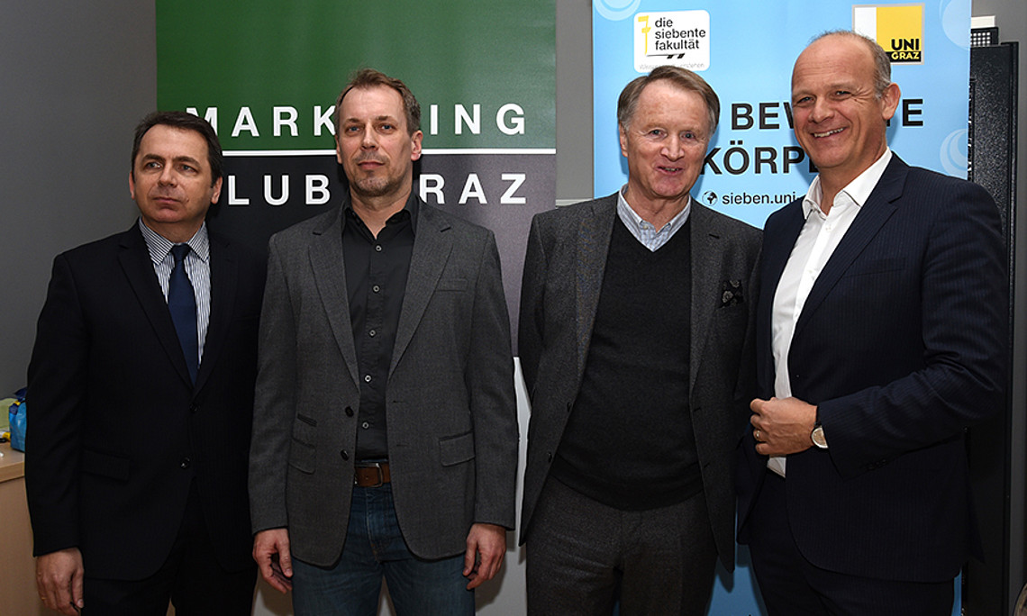 Foscht, Tschakert, Pildner-Steinburg und Straka (v.l.) diskutierten die Verknüpfung von Sport und Wirtschaft. Foto: Uni Graz/Schweiger