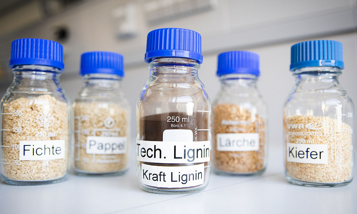 Probenflaschen mit unterschiedlichen Stoffen, im Vordergrund "technisches Lignin"