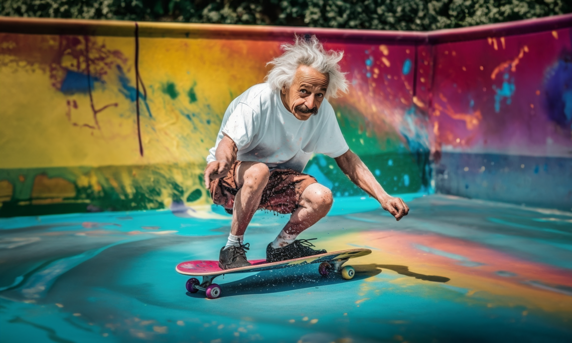 Einstein in T-Shirt und Shorts auf Skateboard vor buntem Hintergrund