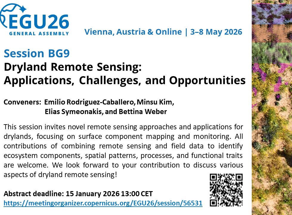 EGU26, Session BG9: Dryland Remote Sensing – Applications, Challenges, and Opportunities invites studies on surface component mapping, monitoring, and integrating field & remote sensing data. ©Minsu Kim