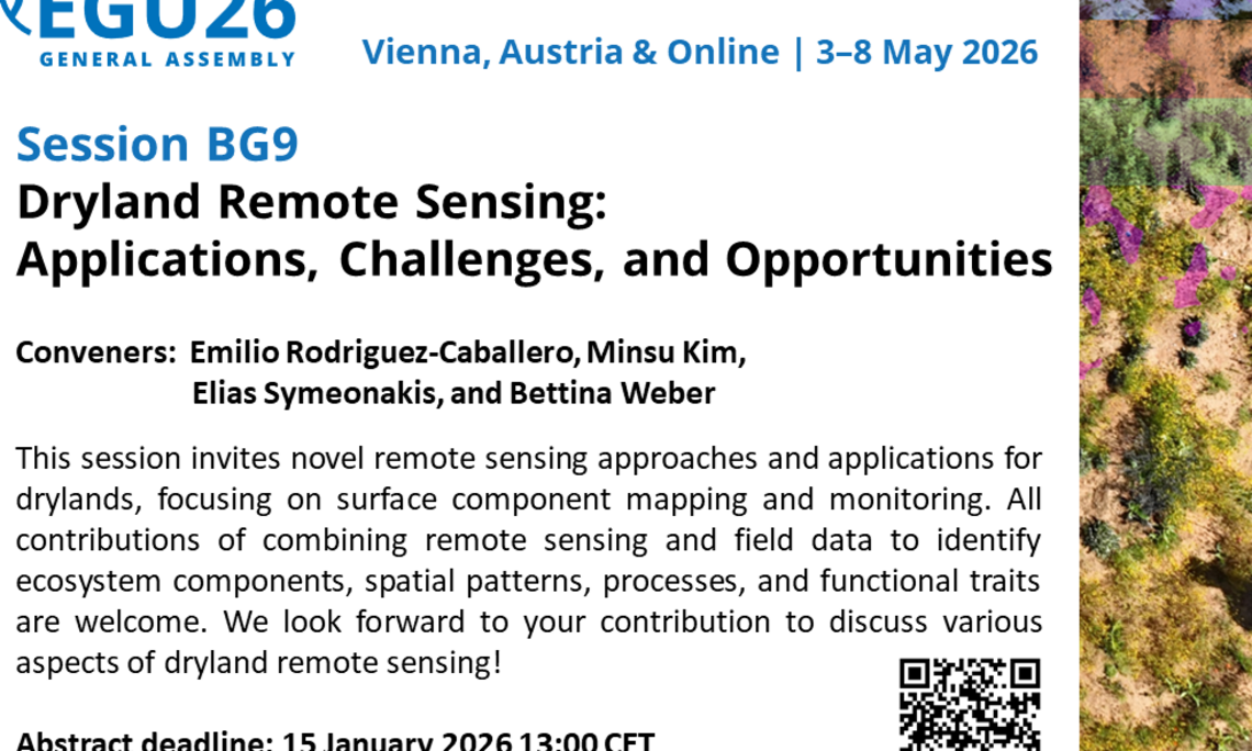 EGU26, Session BG9: Dryland Remote Sensing – Applications, Challenges, and Opportunities invites studies on surface component mapping, monitoring, and integrating field & remote sensing data.