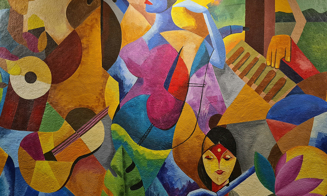 bunte Malerei, die sich mit Kunst und Musik auseinandersetzt