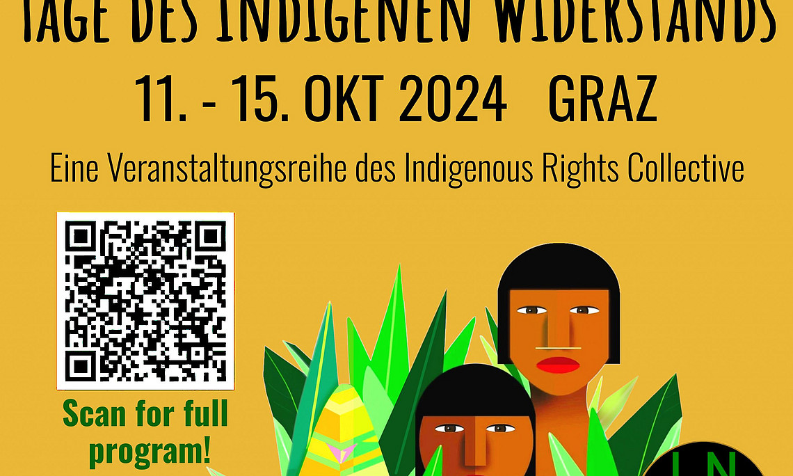 Schematische Zeichnung von drei Personen in Büschen; Plakat mit Sponsoren und QR-Code