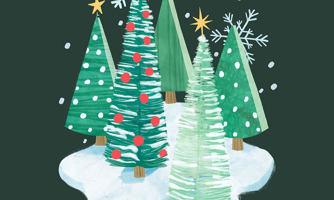 Das Bild zeigt eine Illustration von fünf Weihnachtsbäumen in verschiedenen Größen und Designs vor einem dunkelgrünen Hintergrund. Die Bäume sind mit Ornamenten, Sternen und Schneeflocken geschmückt. Der Boden unter den Bäumen ist schneebedeckt. Der Text auf dem Bild lautet: "Frohe Weihnachten wünscht das ZIS-Team"