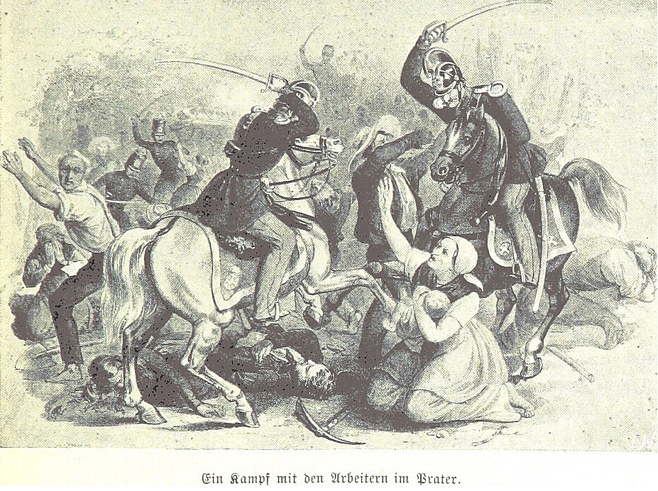 Praterschlacht ©Eduard Weixlgärtner, Lithographie, British Library, https://commons.wikimedia.org/wiki/File:BACH(1898)_p513_Kampfszene_mit_Arbei