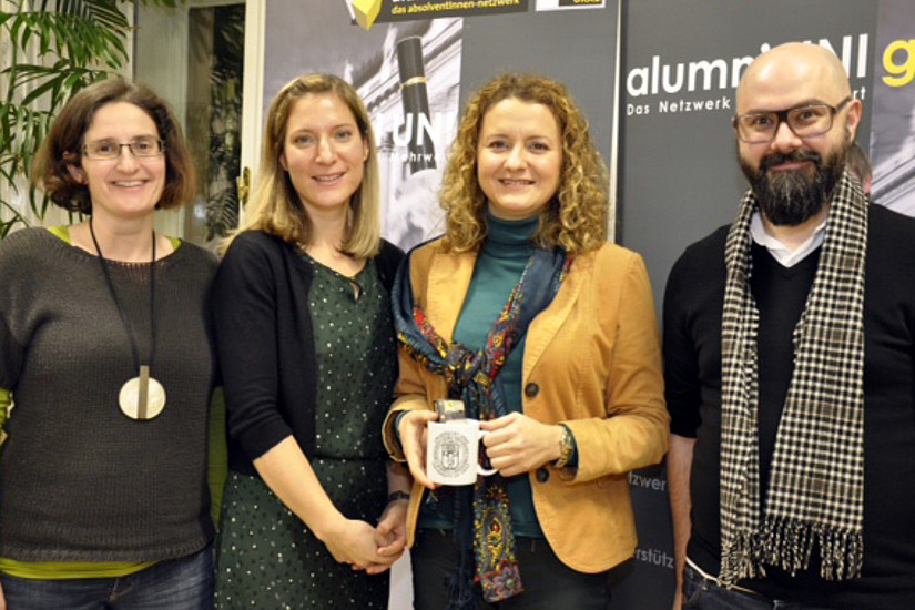 alumni.doc-talk (v.l.): Corinne von der Hellen (docservice), Sigrid Studler (Moderation), Erfolgsabsolventin Esther Kristandl-Putz und Gerald Lind (docservice). Foto: Carmen Teubenbacher