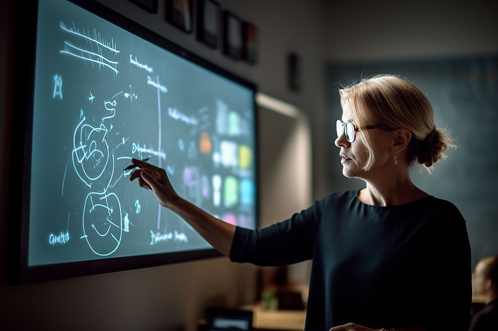 Frau steht vor einem Whiteboard und schreibt ©Катерина Євтехова - stock.adobe.com