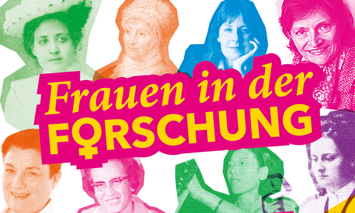 A graphic exhibition theme entitled ‘Women in Research’, featuring portraits of eight female scientists in bold shades of green, orange, blue, pink and purple. At the centre is the yellow lettering ‘Women in Research’ on a pink background.