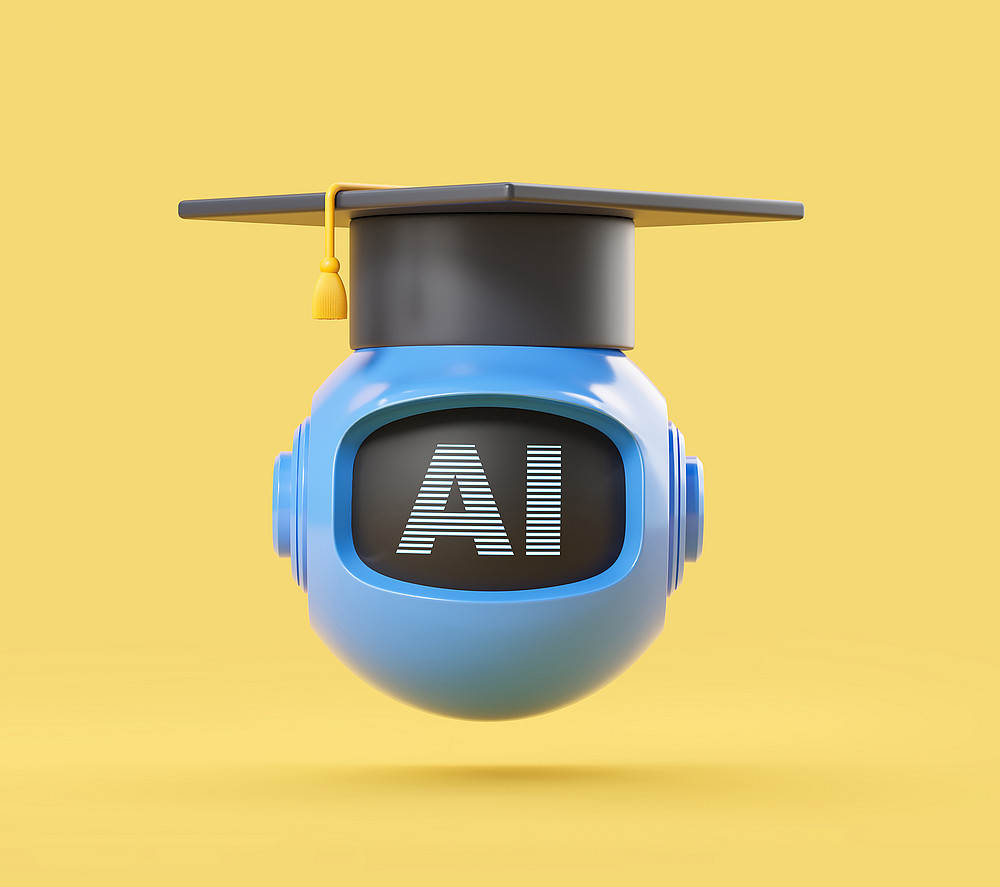 blue ball robot has AI on display and is wearing a motarboard in front of a yellow background 