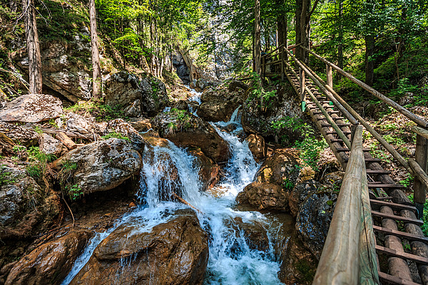 Foto der Bärenschützklamm im Frühling, Wasserfall mit Holzbrücke.