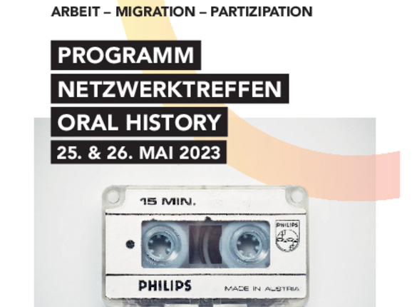 Bild einer Audio bzw. Magnetkasette mit Text, der das Netzwerktreffen Oral History Ankündigt ©Uni Graz, Netzwerktreffen Oral History