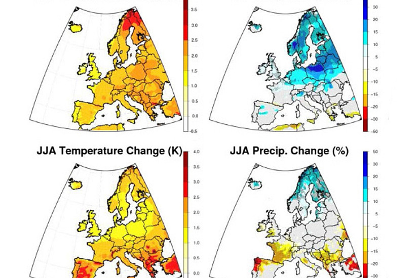 Durchschnittstemperatur (li.) und mittlere Niederschlagsmenge (re.) werden sich in Europa im Sommer (oben) und im Winter (unten) verändern, wenn die gobale Erwärmung um 2° C steigt, zeigt eine aktuelle Studie. Grafik: iopscience.iop.org
