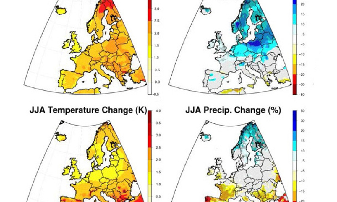 Durchschnittstemperatur (li.) und mittlere Niederschlagsmenge (re.) werden sich in Europa im Sommer (oben) und im Winter (unten) verändern, wenn die gobale Erwärmung um 2° C steigt, zeigt eine aktuelle Studie. Grafik: iopscience.iop.org