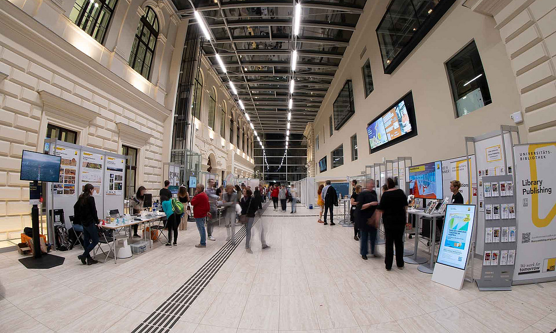 A view of the library foyer during the Long Night of Research