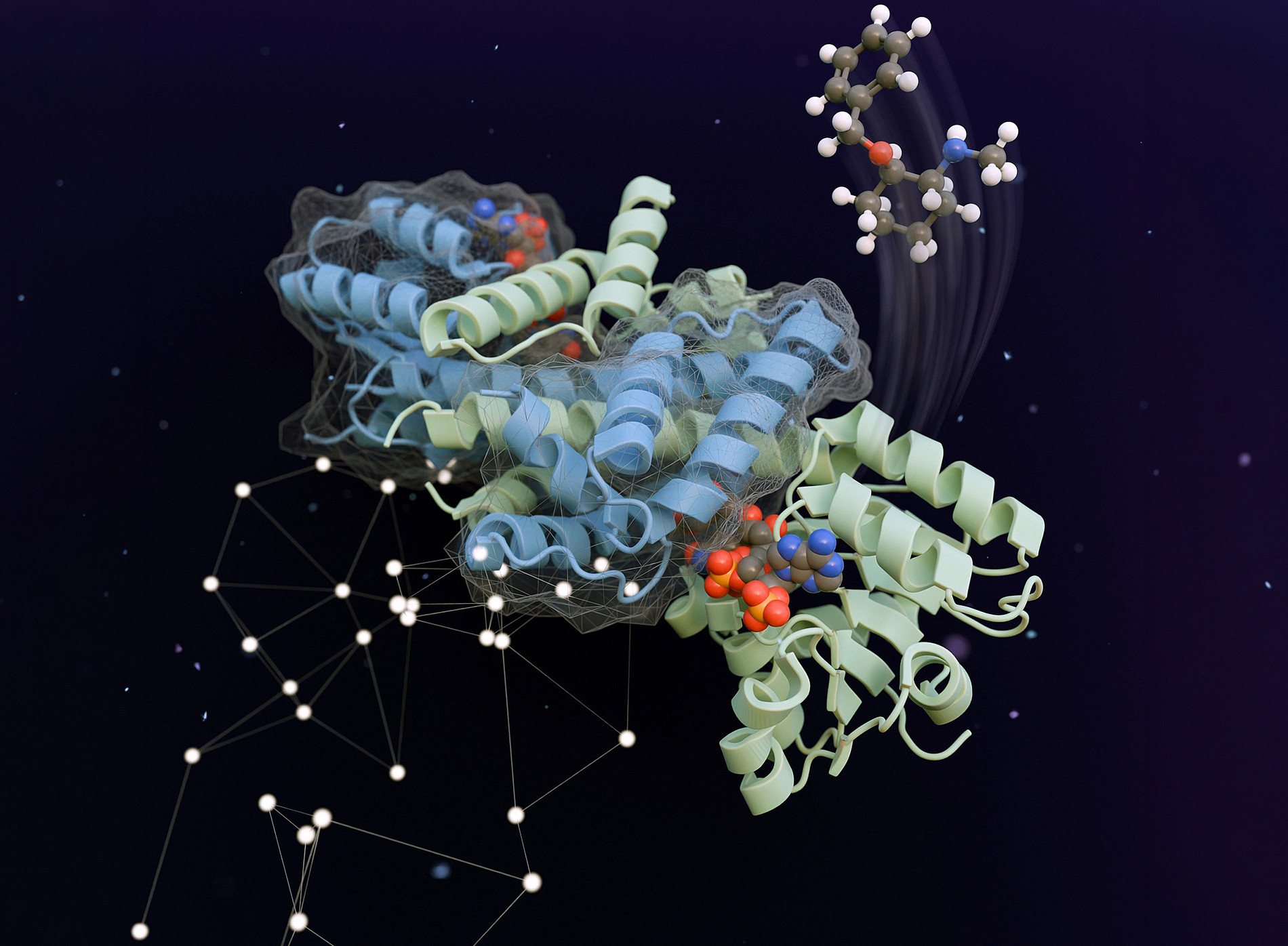 Illustration of a protein with helical structures and bound molecules against a dark background, featuring an abstract network of dots and lines ©Verena Resch, luminous-lab.com
