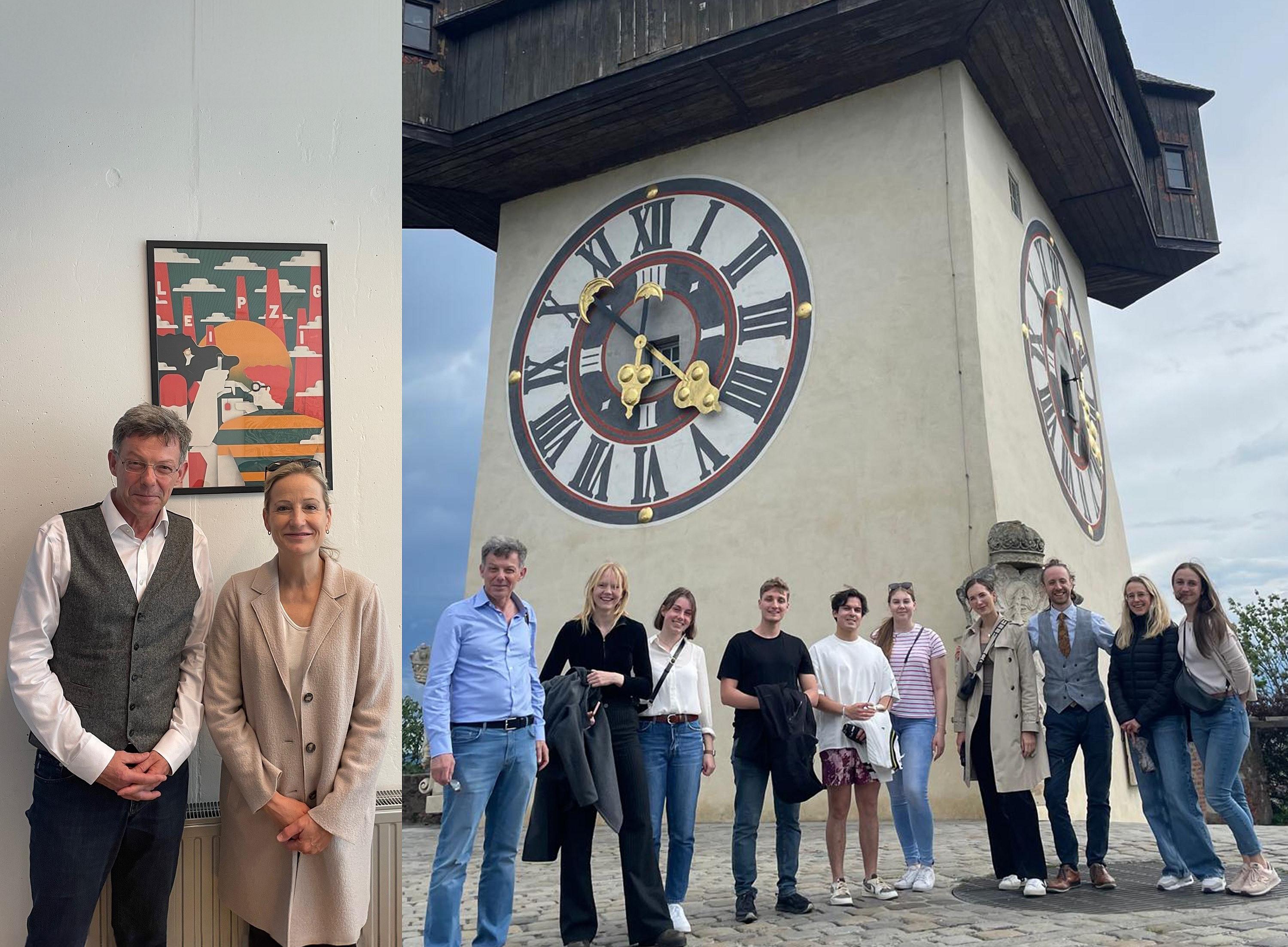 Univ.-Prof. Dr. Bettina Nunner-Krautgasser und Prof. Dr. Christian Berger in einem Seminarraum der REWI Uni Graz. Daneben die Teilnehmer:innen des Seminars vor dem Grazer Uhrturm. ©Stefan Koenigshofer