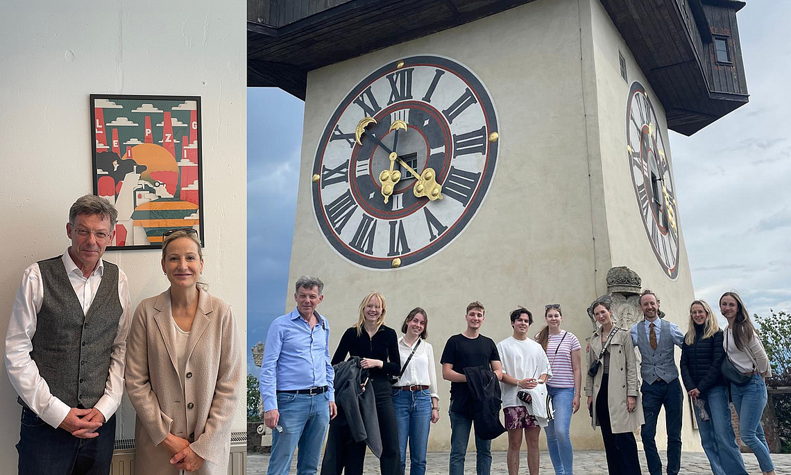 Univ.-Prof. Dr. Bettina Nunner-Krautgasser und Prof. Dr. Christian Berger in einem Seminarraum der REWI Uni Graz. Daneben die Teilnehmer:innen des Seminars vor dem Grazer Uhrturm.