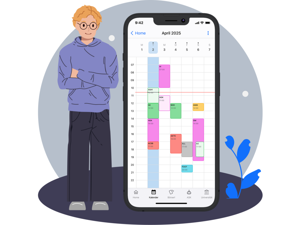 Illustration: Franz steht mit einem Lächeln und verschränkten Armen neben dem youni-Kalender. 