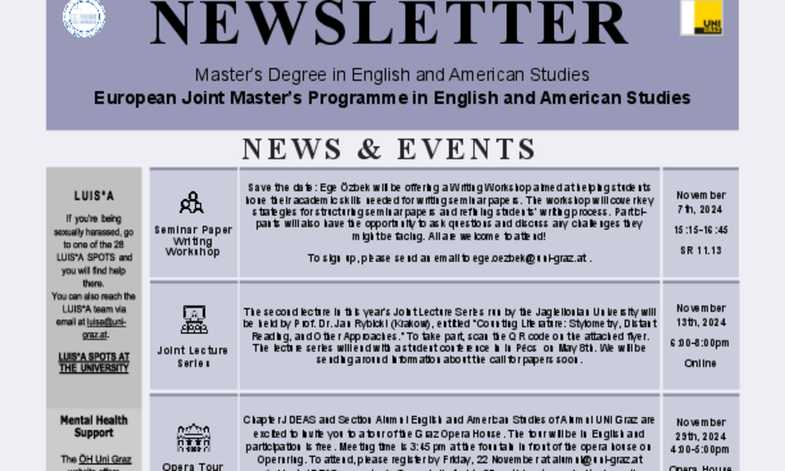 November Newsletter of the Joint Master in English and American Studies at the University of Graz