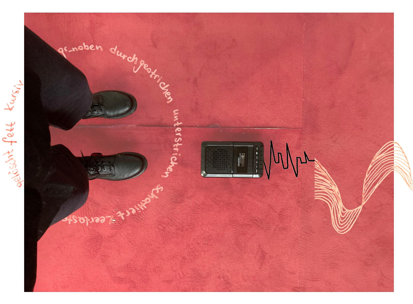 Aufnahmegerät und Beine einer Person auf einem roten Teppich. ©Christina Sternisa