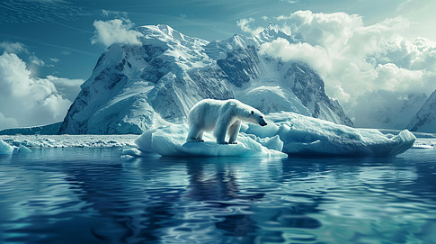 Eisbär auf Eisplatte umzingelt von Wasser. Im Hintergrund sind Eisberge zu sehen. ©Felippe Lopes - stock.adobe.com