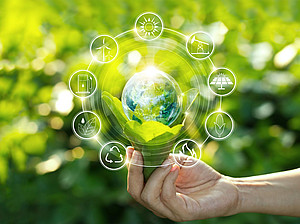Eine Hand hält eine Glühbirne, die dem Planeten Erde ähnelt, auf einem grünem Blatt mit Symbolen für erneuerbare Energiequellen. Das symbolisiert die Forschungsgruppe Soziale Komplexität und Systemtransformation. ©ipopba - stock.adobe.com
