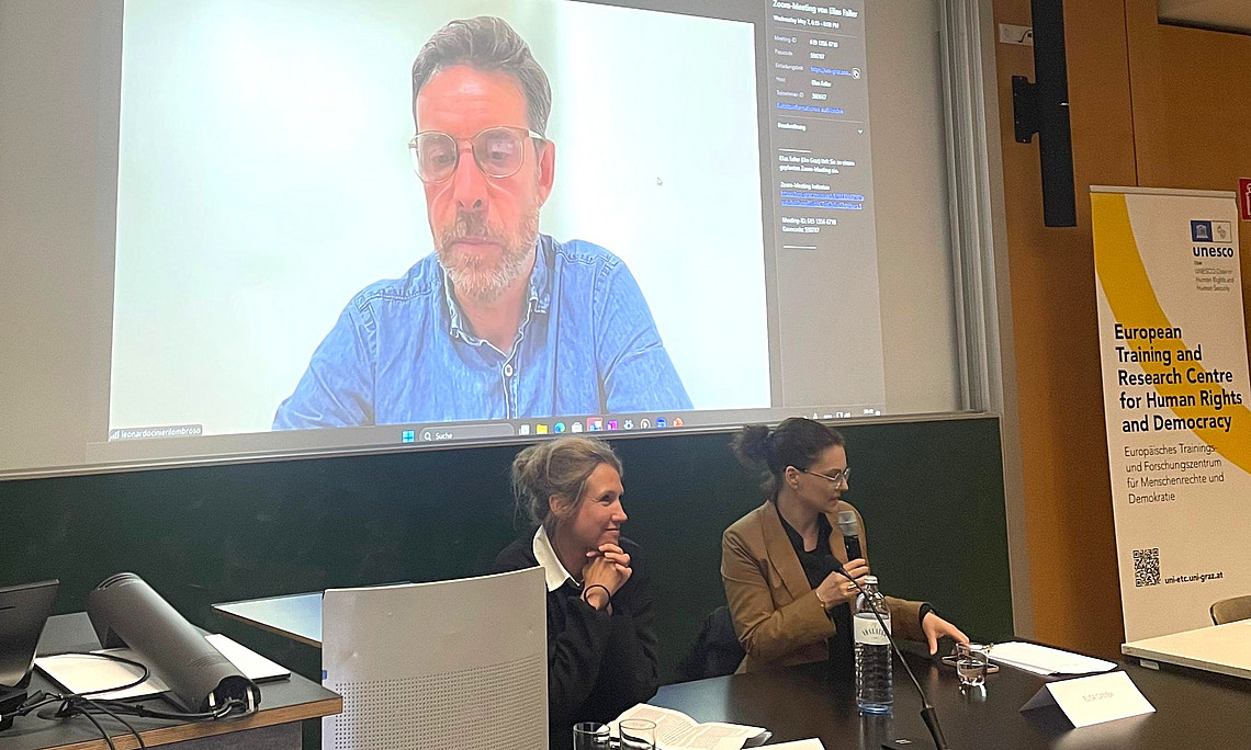Photo from the event showing Lisa Heschl, Elisa Gamba and the director online