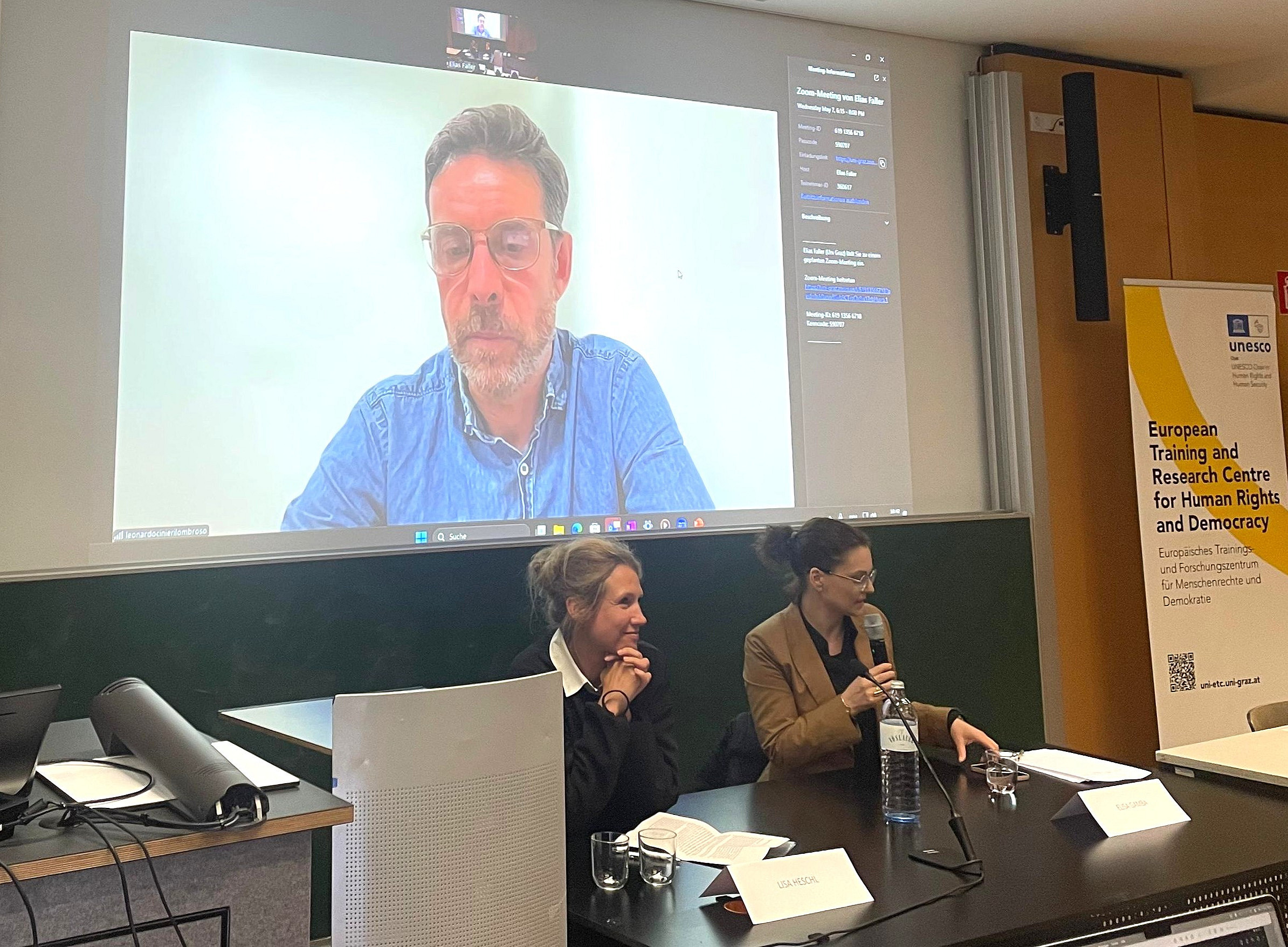 Photo from the event showing Lisa Heschl, Elisa Gamba and the director online 