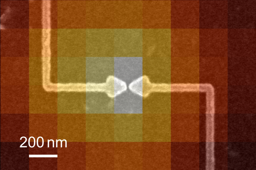 Durch einen fokussierten Laserstrahl generierter Photostrom (färbig) an Quantenpunkten zwischen Nanoelektroden (grau). Bild: Uni Graz / Grimaldi