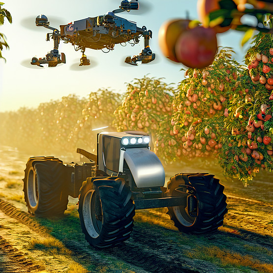 Ground robot and drone in the orchard