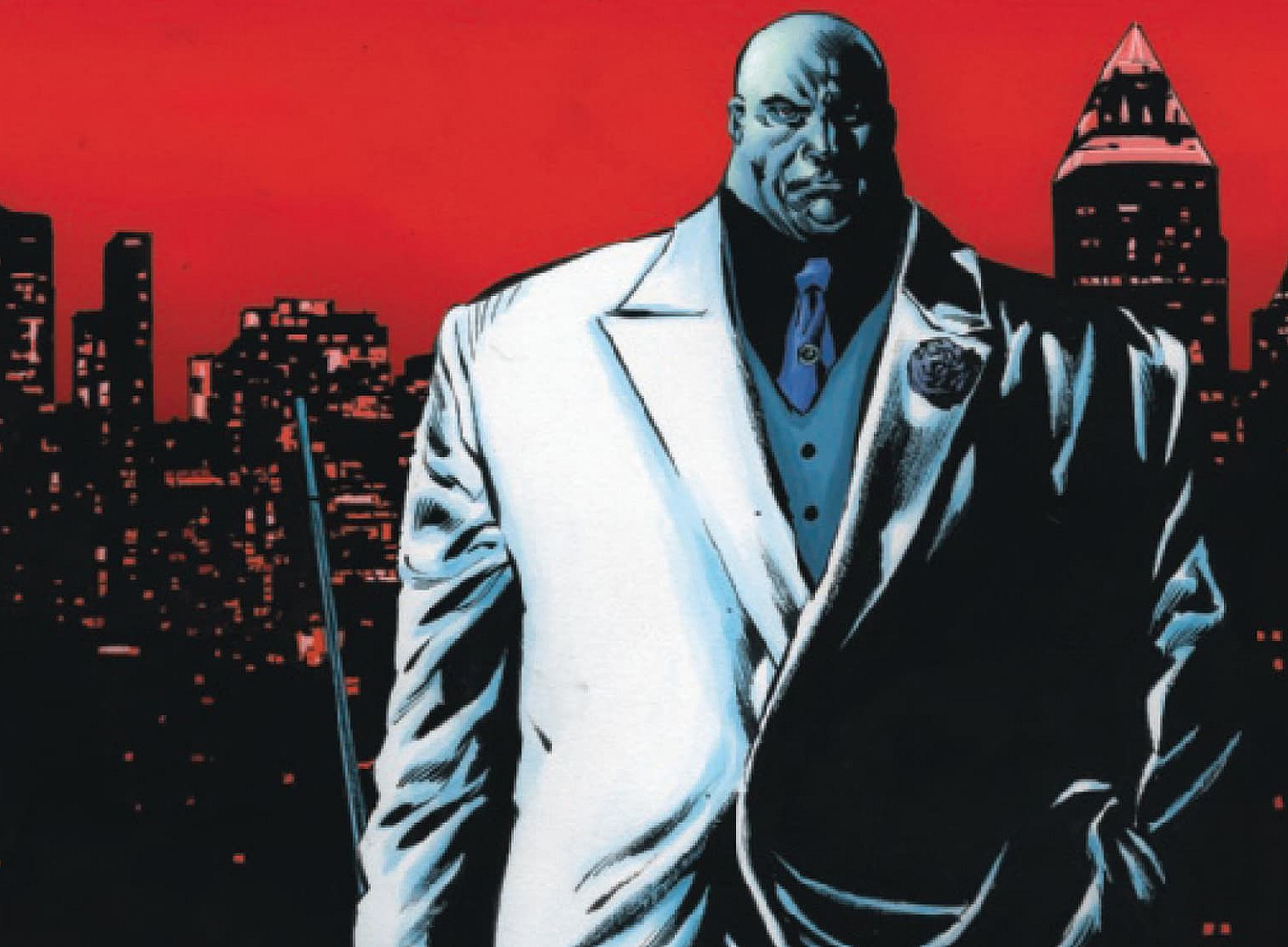 The picture shows a stylized comic drawing of a large, strong-looking person in the foreground. The figure is wearing an elegant white suit with a black shirt and a blue tie. ©Image: Marvel Comics "Daredevil"
