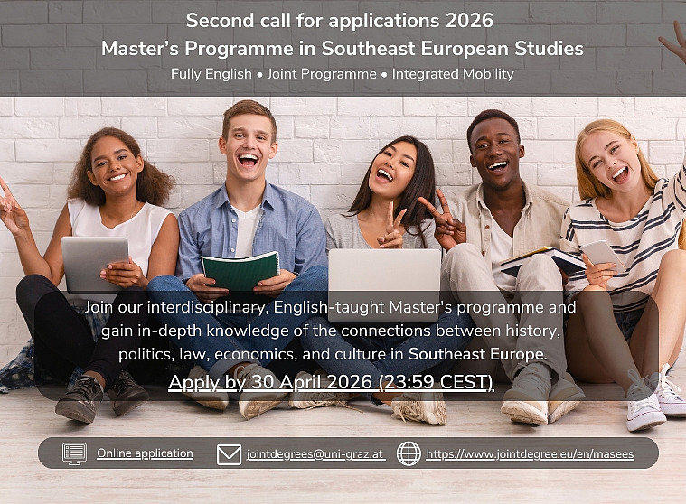 The main section of the image features five students sitting against a white brick wall, each holding books, tablets, or notebooks. They are smiling and making peace signs, suggesting a friendly and welcoming atmosphere. 