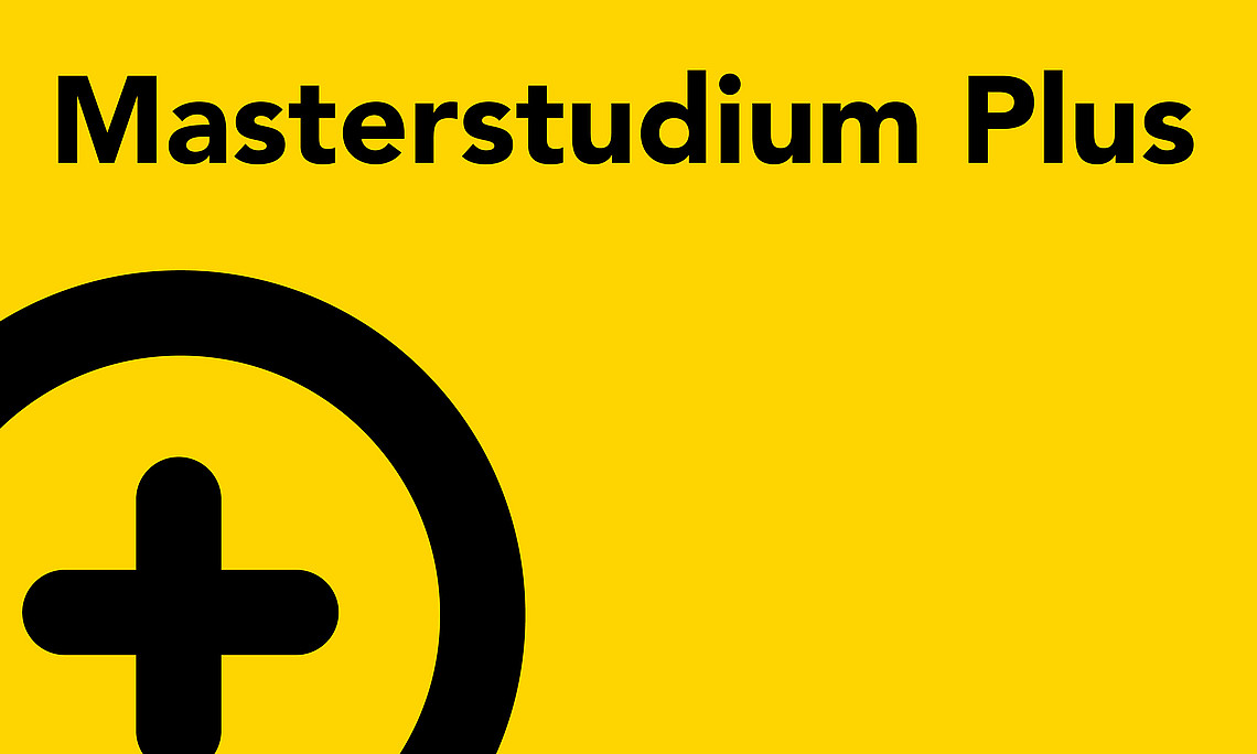 Bild zeigt den Schriftzug 'Masterstudium Plus' und ein mathematisches Pluszeichen in einem Kreis
