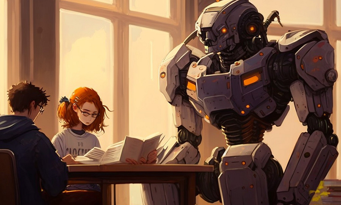 Dieses Bild wurde mithilfe einer künstlichen Intelligenz (KI) unter folgender Vorgabe erstellt: "A friendly robot helping two university students studyin, golden hour, anime style, cozy". Foto: Midjourney