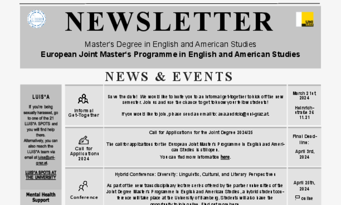 March Newsletter of the Joint Master in English and American Studies