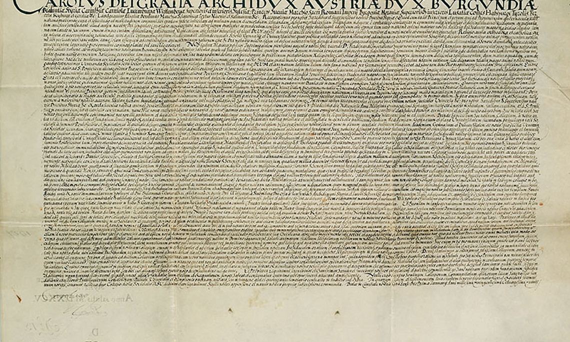 Ein Höhepunkt der Datenbank ist sicher die Gründungsurkunde der Uni Graz, die mit 1. Jänner 1585 datiert ist. Foto: Uni Graz/Archiv
