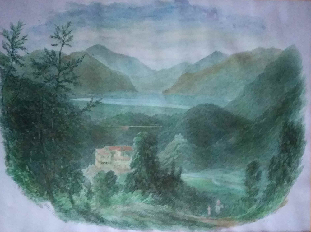 Das Kloster Agios Georgios über Pheneos, Aquarell (unbekannter Künstler) nach einer Zeichnung aus dem 19. Jahrhundert symbolisiert die Forschungsgeschichte ©Institut für Antike - Pheneos