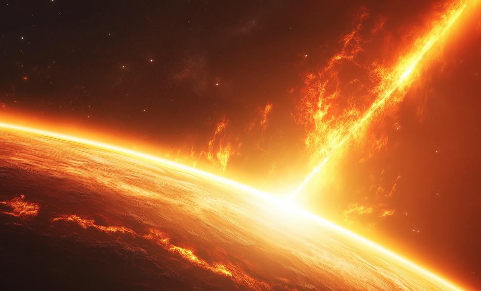 Ein leuchtend orangefarbenes Licht, das aus der Oberfläche einer Sonne herausstrahlt, vom Weltraum aus gesehen